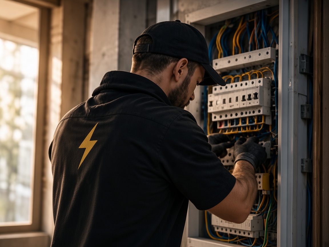 Elektryk przy rozdzielnicy elektrycznej